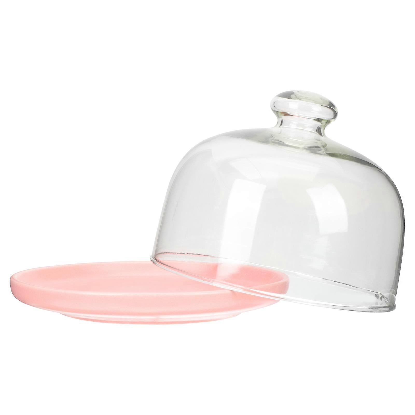 Ceramic Cake Plate with Glass Dome, Pink Rim, Dustproof Dessert Display Stand for Cakes, Cupcakes, Cookies, and Fruits