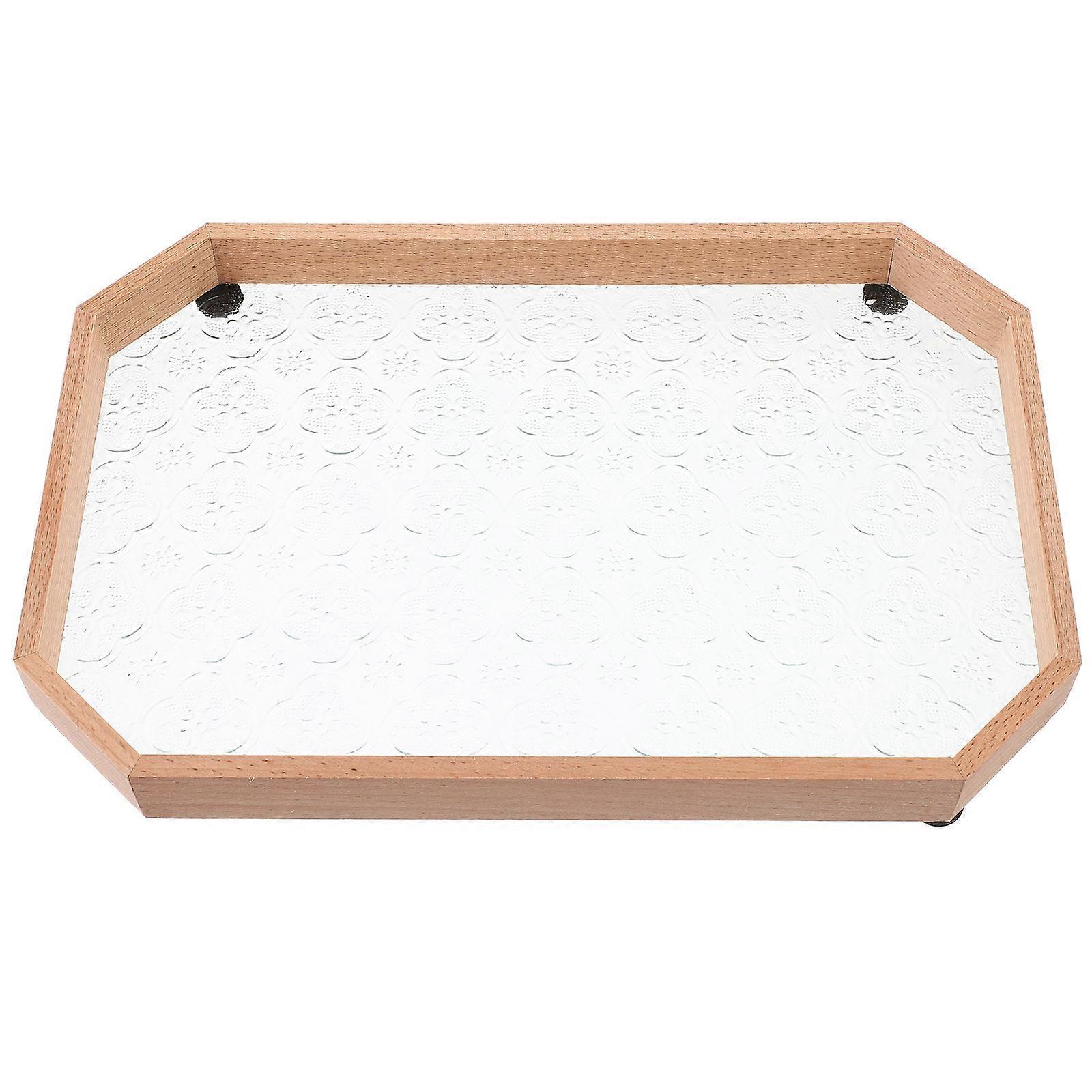 Wooden Glass Serving Tray with Light Brown Flower Pattern for Storage and Decorative Use 7.8 Inches