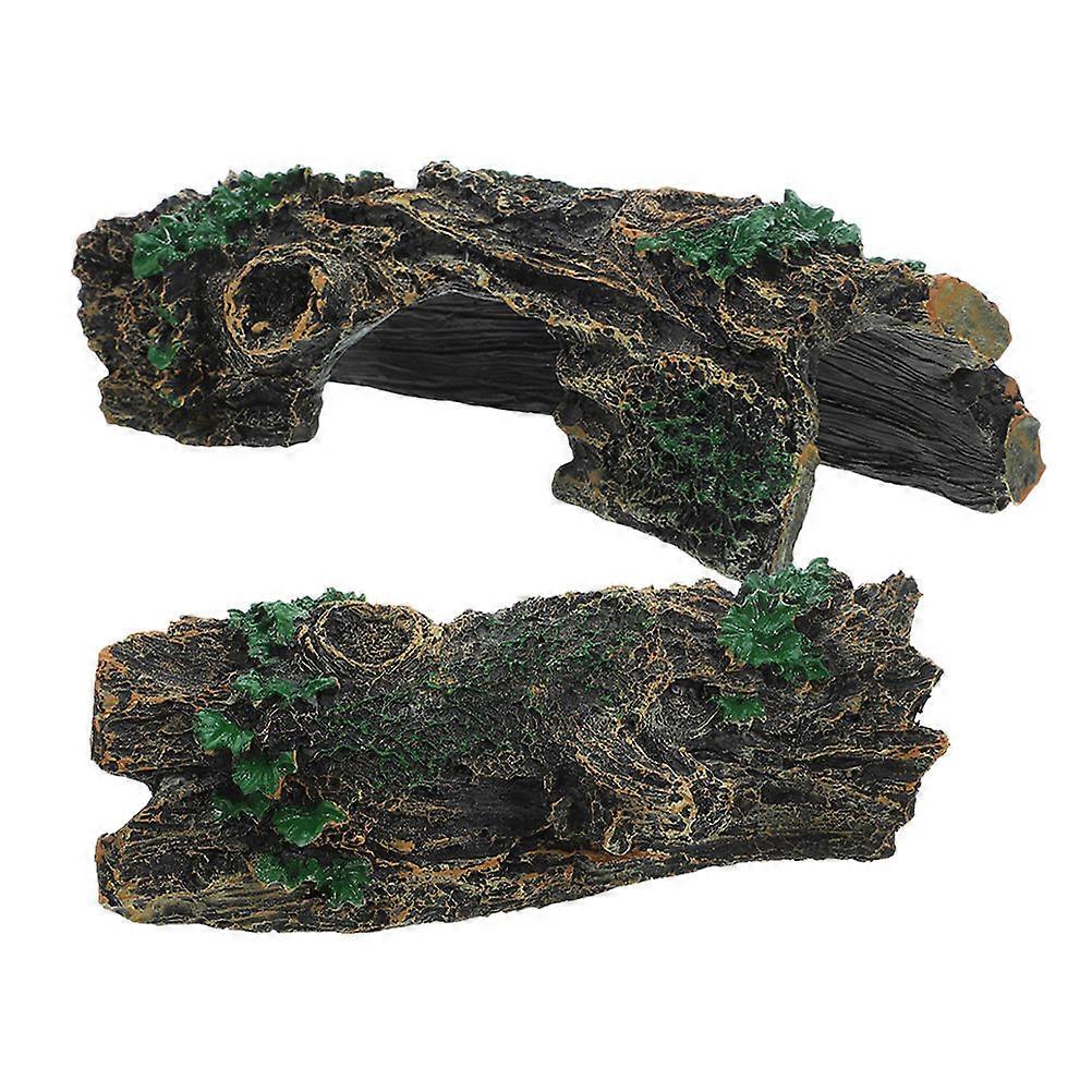 Reptile Habitat Decor 2Pcs Resin Simulation Wood Cave Hideout For Pet Owners And Reptile Enthusiasts In Durable Design