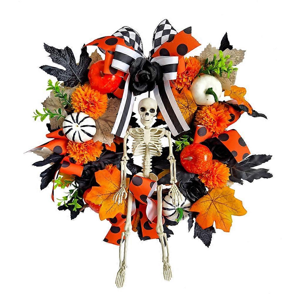 H2-35 40cm Halloween Wreath Skeleton Pumpkin Maple Leaf Garland Door Hanging Spooky Atmosphere Decoration