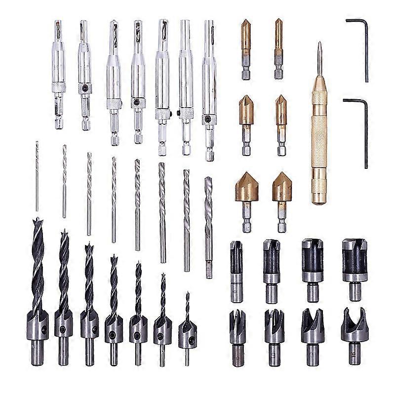 细节 39 件。木钻头铰孔钻头木材切片机带冲头自动倒角木工钻孔工具