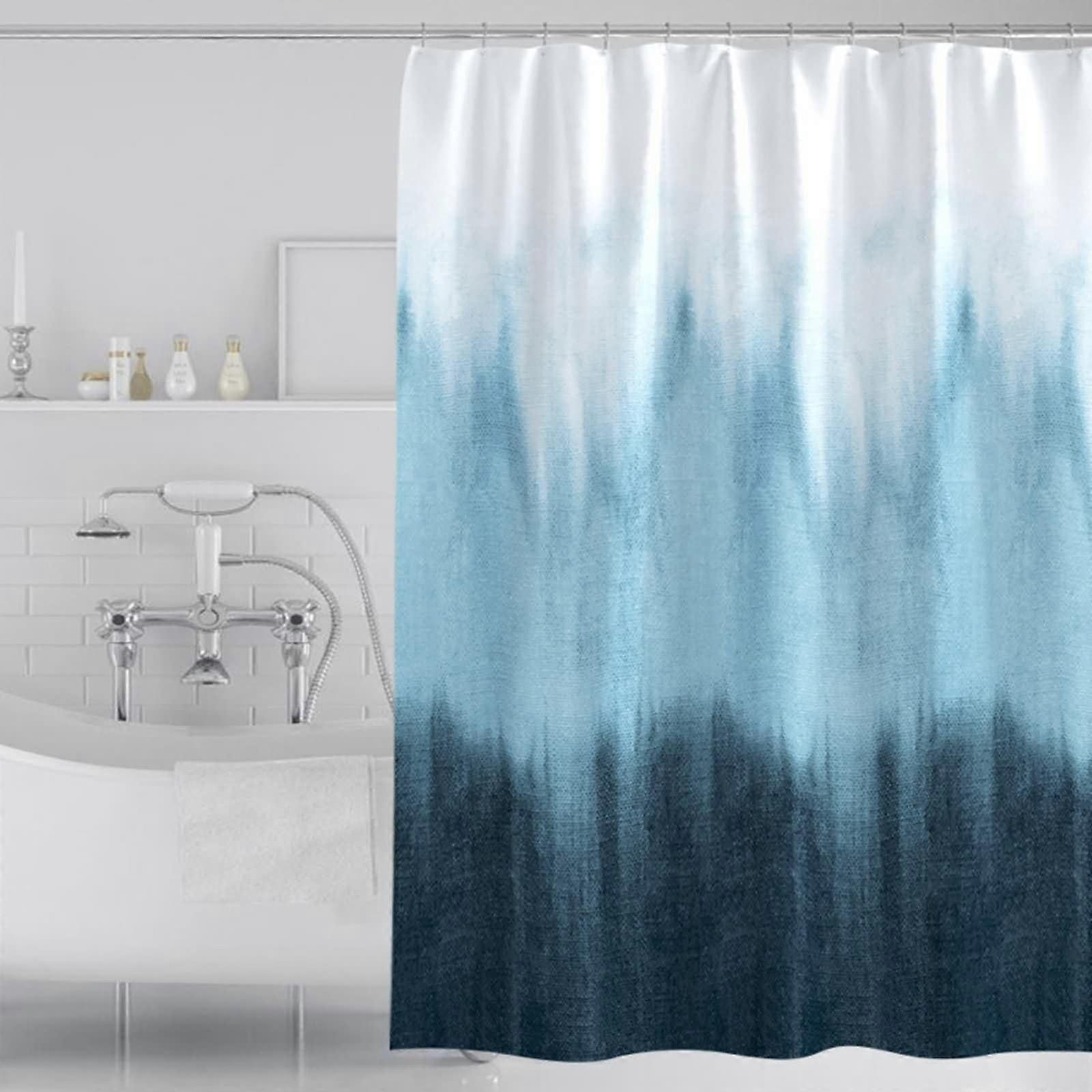Shower Curtain With Eyelets, 200 x 180 cm, Blue Gradient Polyester, Plain Colour Bath Curtain, Hooks Compatible