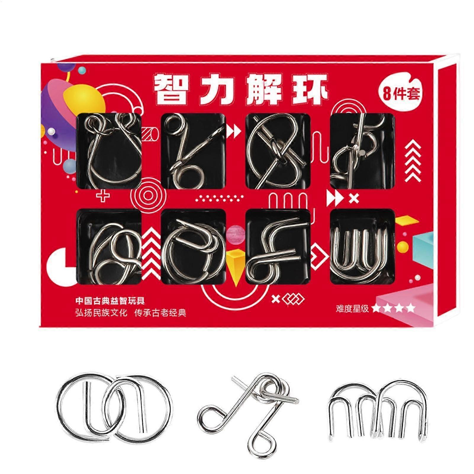 Metal Wire Puzzles Set | 8 Piece Iron Link Disentangle Game | IQ Test Decompression Toy in Red Box