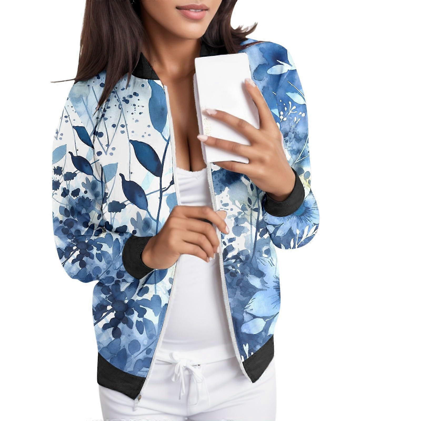 Bomber Jacket Women's Colorful Pilot Style, Long Sleeve Zip Flight Jacket, Lightweight Summer Outerwear XXL Blau