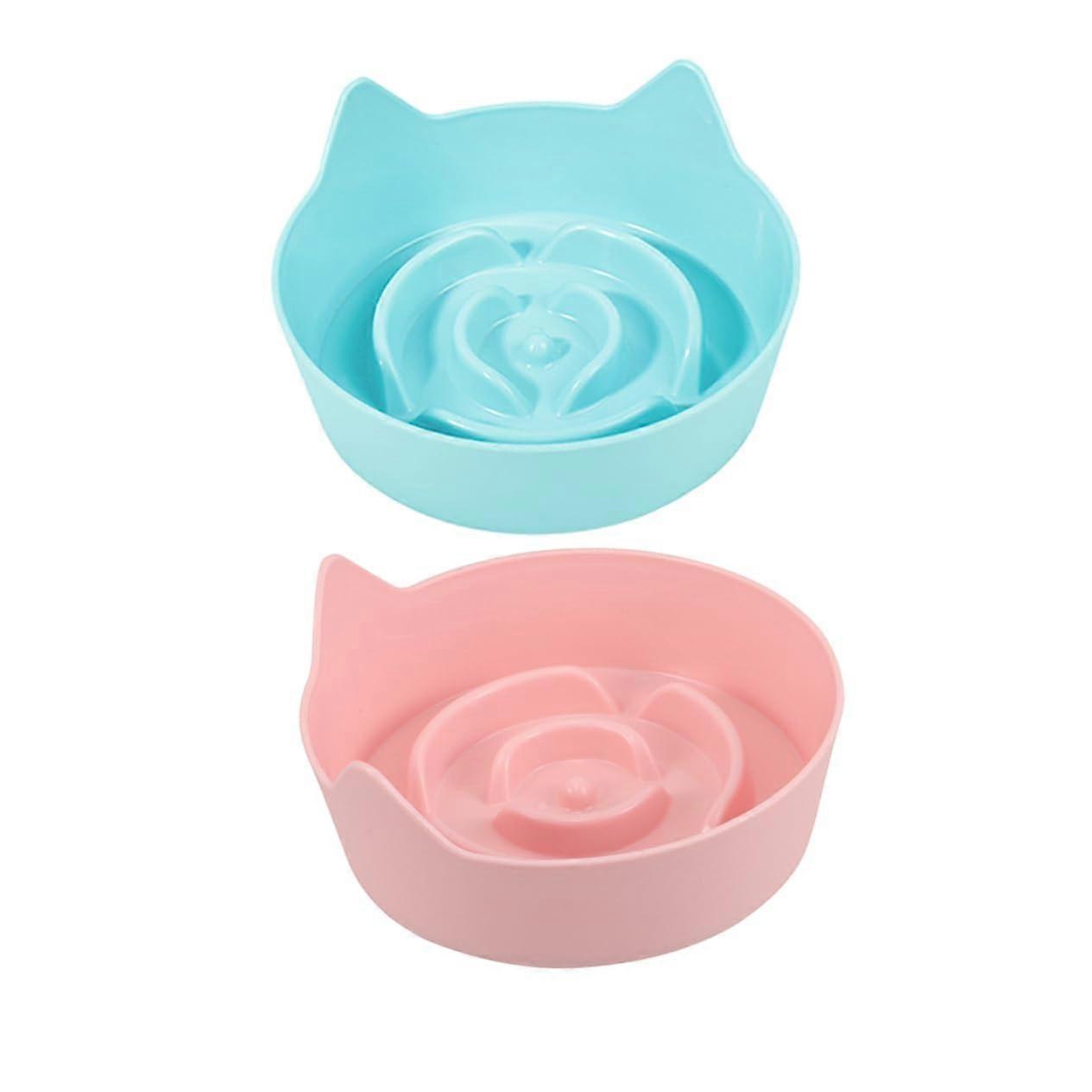 Cat Ear Shaped Slow Feeder Bowl Set of 2 Non-Slip Pet Food Dish for Cats and Kittens - Durable Plastic Design