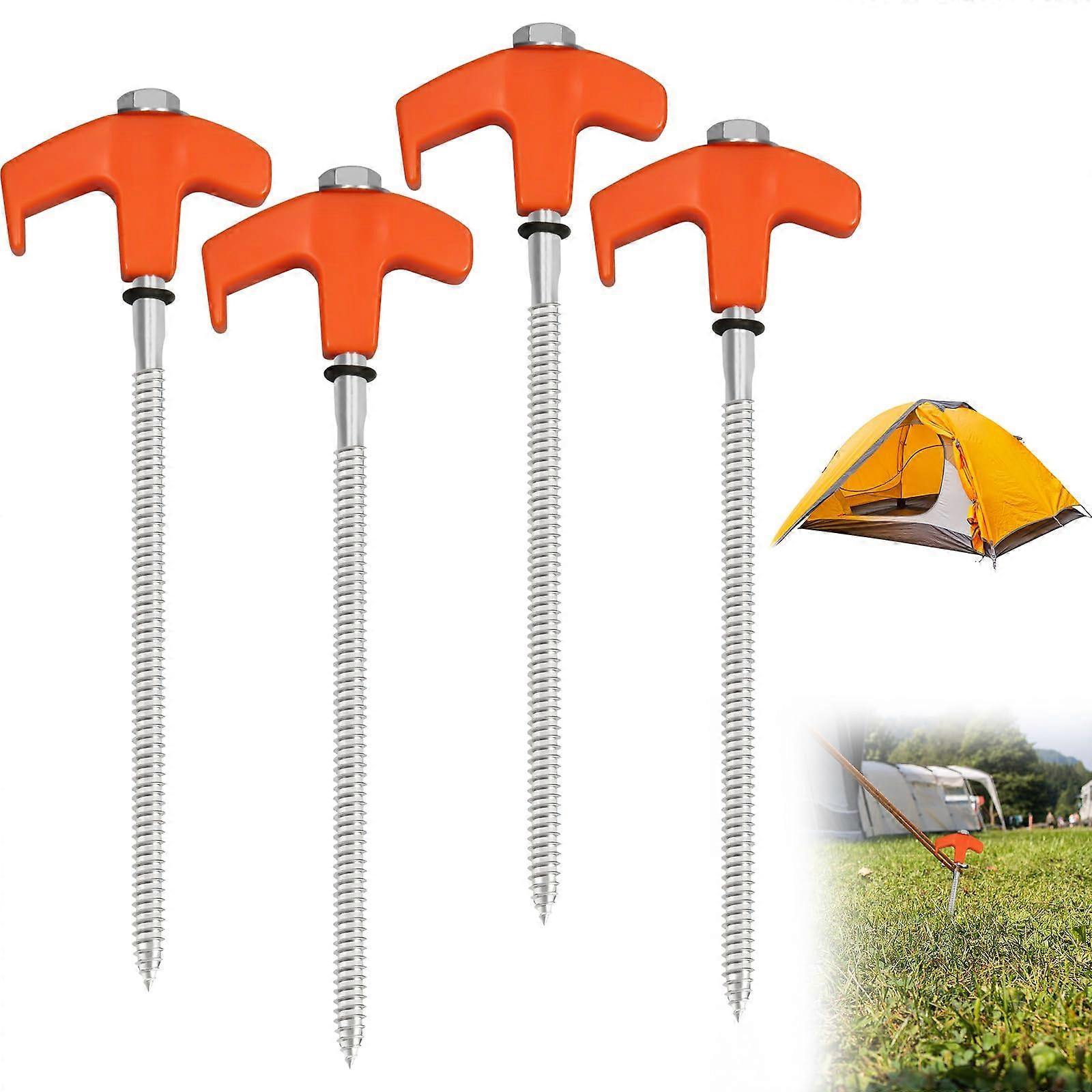 4 Pcs 8' Heavy  Duty Screw  in Tent Stakes  Carbon Steel with Orange T  Handle for Secure Camping