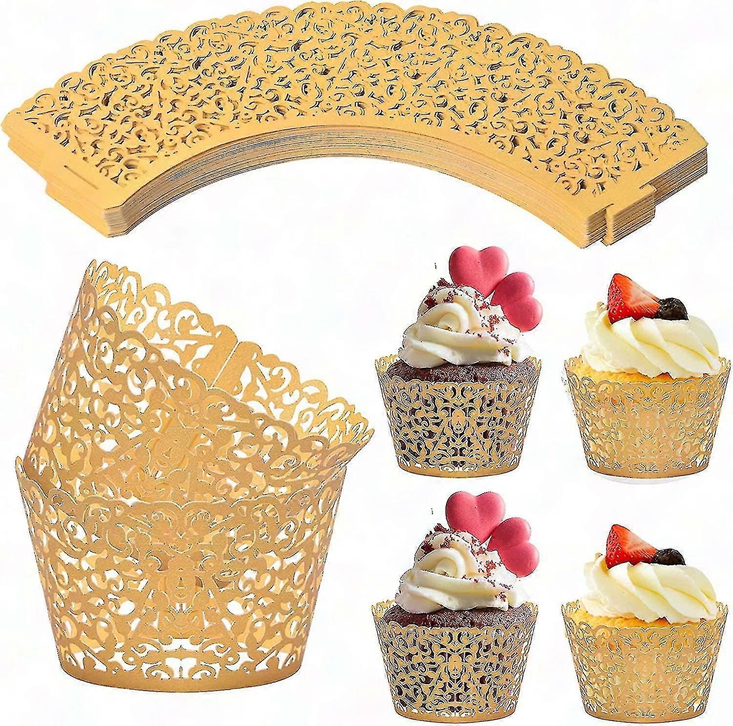 50 Gold Lace Cupcake Wrappers - Elegant Paper Cases for Cupcakes, Muffins & Cakes (50 Pieces)