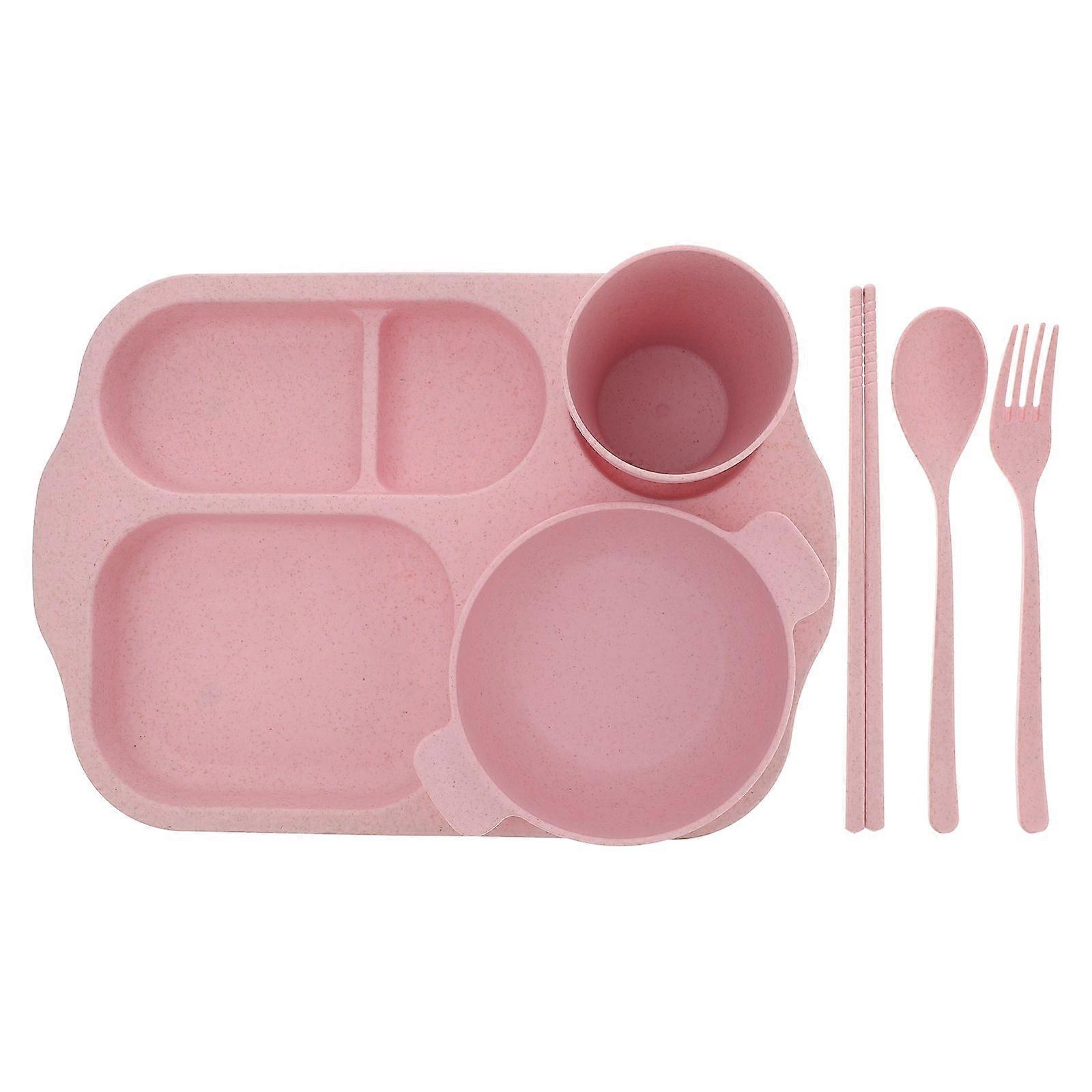 Kids Kitchen Utensils 1 Set Simple Design Plastic Dinnerware Set with Separated Slots Bowl Fork Spoon Pink