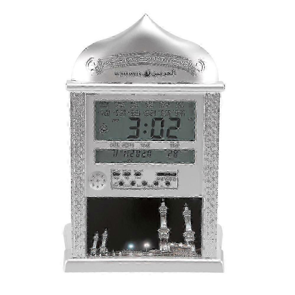 Azan Automatic Islamic Muslim Prayer Clock, Silver Wall Clock with Athan Function for Daily Prayer Times