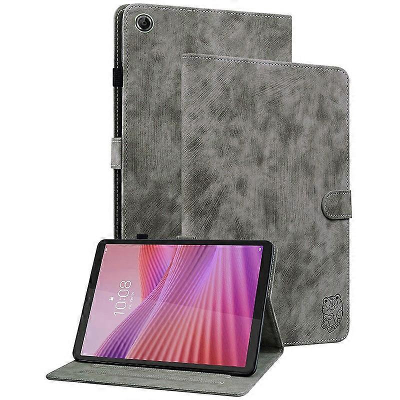 TKdaddy ل Lenovo Tab K9 Case Tiger Imprint غطاء لوحي من جلد PU مضاد للخدش رمادي