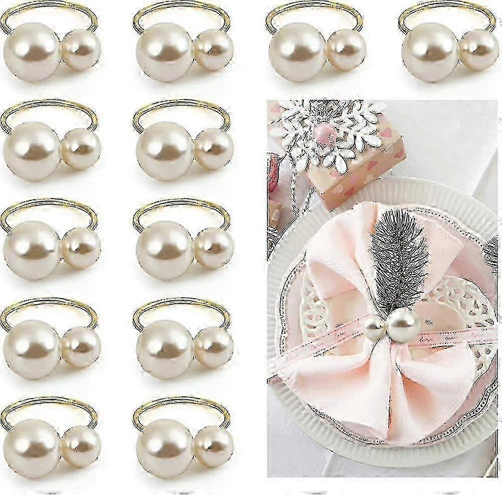 フォーマルなダイニング用のゴールドとシルバー仕上げのエレガントなパールナプキンリング12個セット