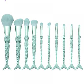 Veeki Turquoise Handle Mermaid Makeup Brush Set, 10 Pieces Soft Nylon Bristle Beauty Makeup Brush Set, Blending Blush Concealer Eye Face Lip Makeup To