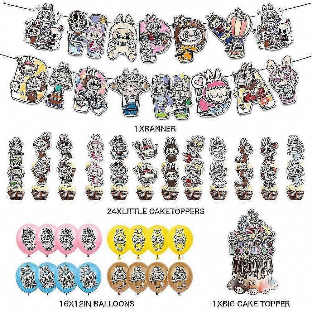 طقم زينة حفلة عيد ميلاد Labubu مع لافتات ، أغطية كيك ، بالونات للأطفال ، المراهقين ، المعجبين