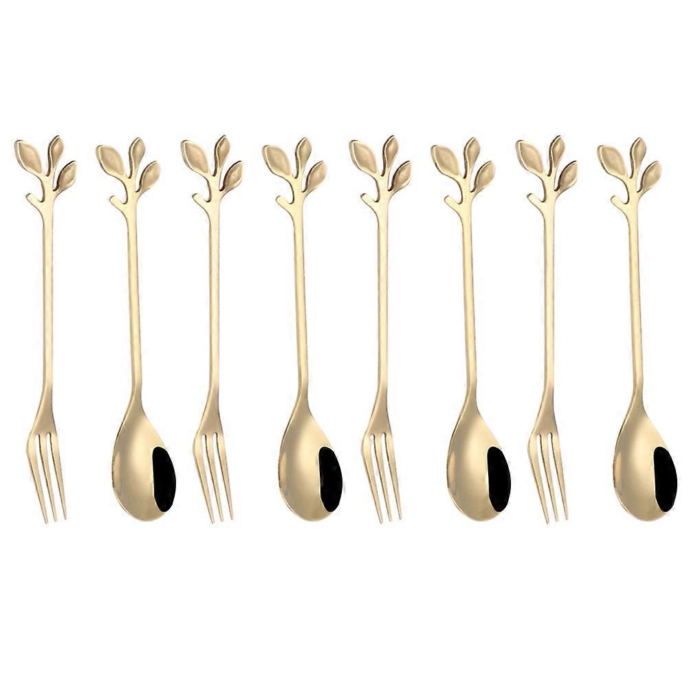 Golden Stainless Steel Fork Spoon Set for Kitchen 12Pcs Creative Leaf Shape Design