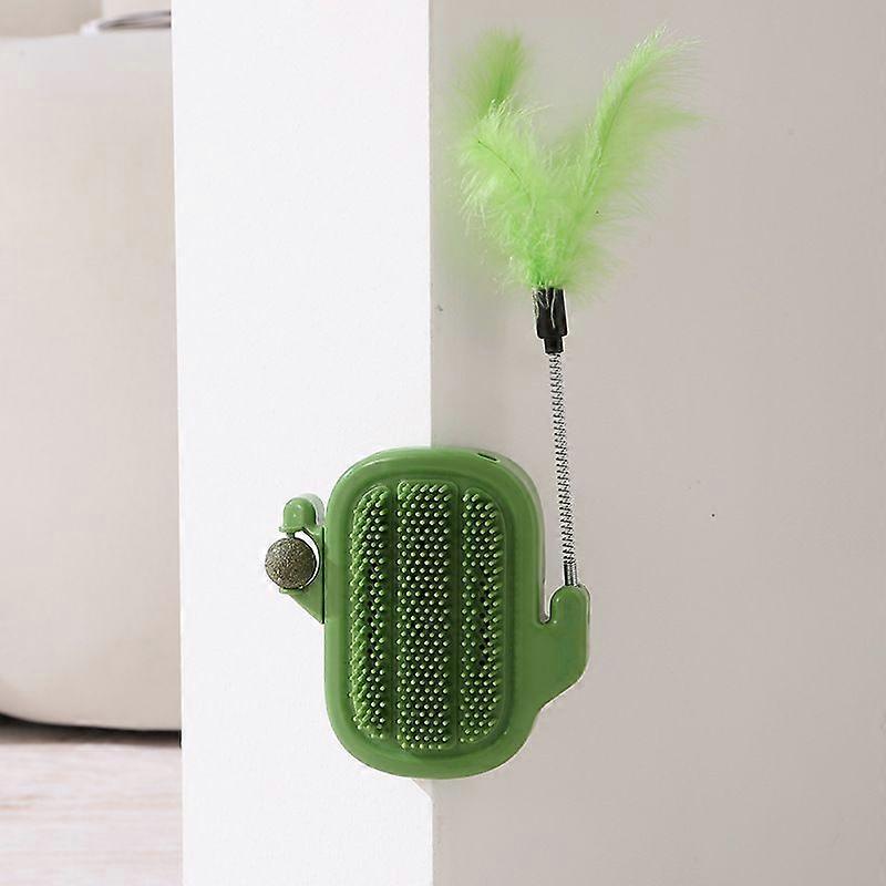 3-in-1 Cat Self Groomer Brush  Wall Corner Cat Scratch Pad with Catnip Ball & Feather Toy, Cactus-Style Wall Brush for Indoor Cats, Cats Massager & Fa