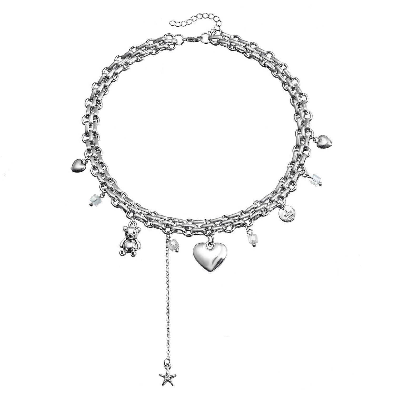 Necklace, Metal Texture Heart Bear Element Pendant Collarbone Chain Delicate Simple Accessory