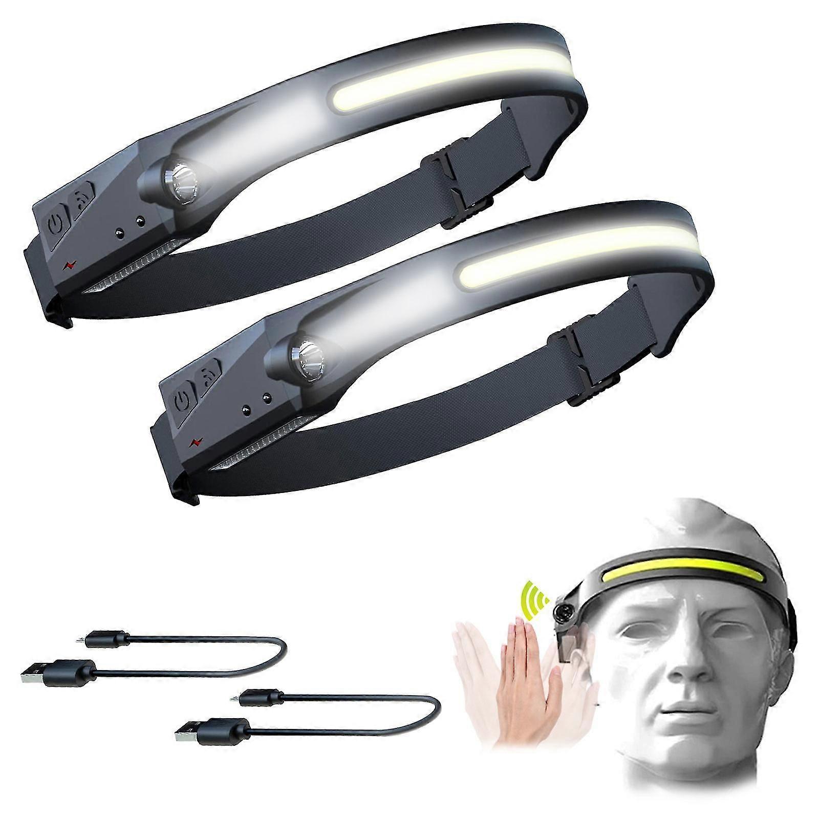 2 Pcs Cob Led Headlamp Sensor Usb Rechargeable Head Lamp Torch 5 Modes Work Light Headlight Flashlight