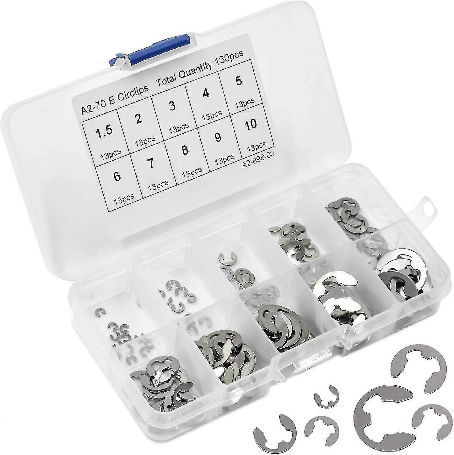 130 Pack E-ring Circlip Kit, 1.5mm-10mm E Type Stainless Steel Retaining Ring Assortment With Storage Box
