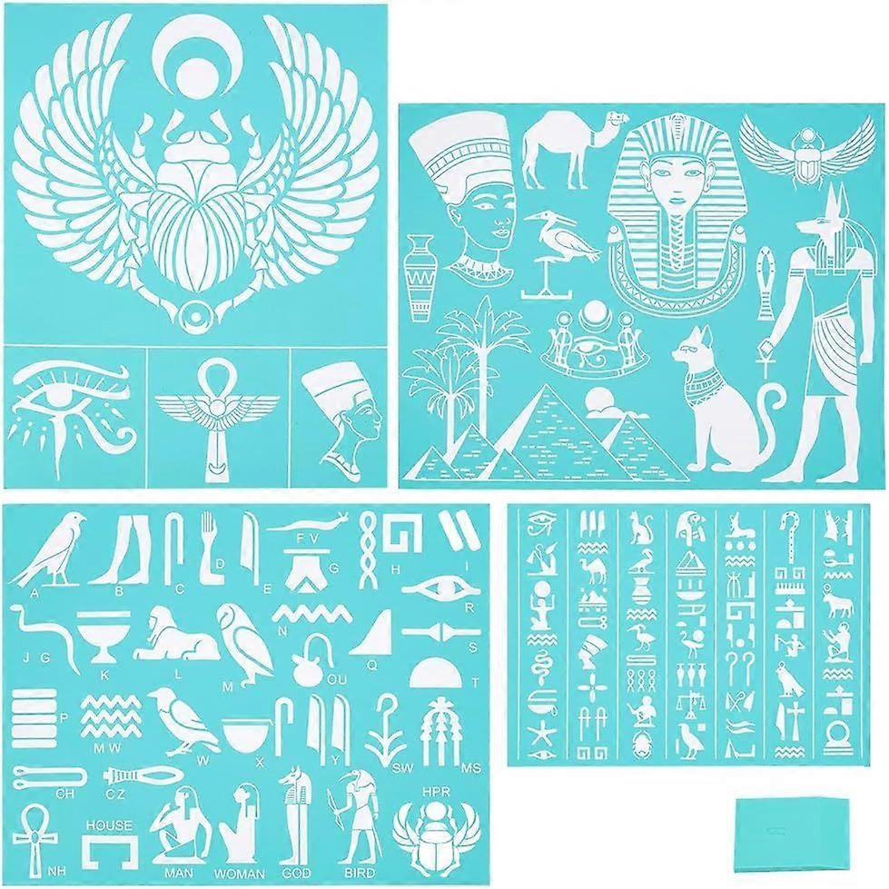 4pcs Self-Adhesive Silk Screen Printing Stencil Egypt Silk Screen Stencil Egyptian Hieroglyph Stencils Reusable Pyramids Sphinx Mesh Transfer with 1pc
