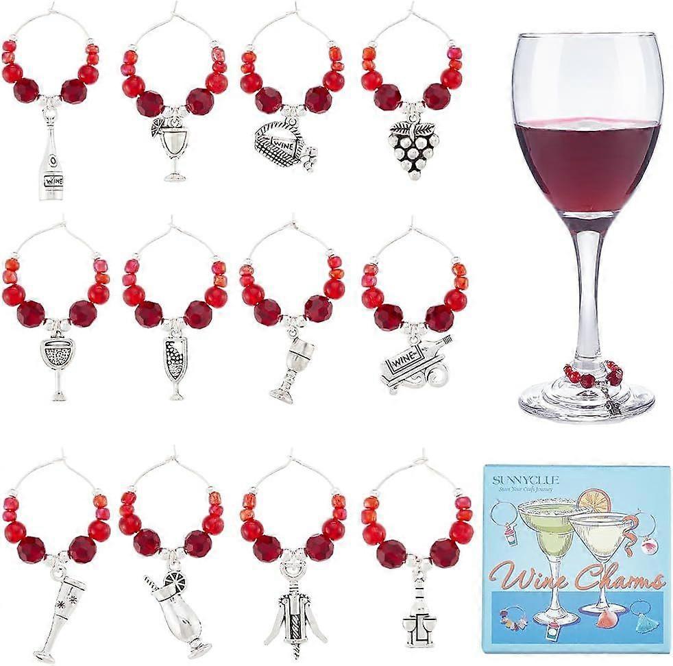 12 Styles Drink Tag Charms Fun Silver Wine Charms Bulk Silver Enamel Red Beads Rings Stem 3D Marks Labels Glass Identifiers for Drinks Tasting Party F