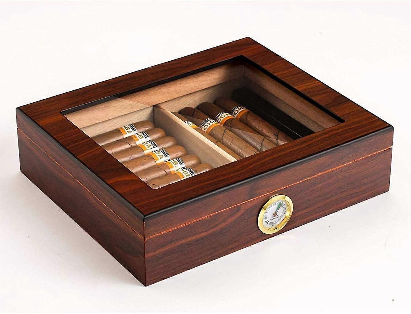 Cigar Humidor with Hygrometer and Humidifier, Wooden Cigar Box for Storage and Display, Black or Brown