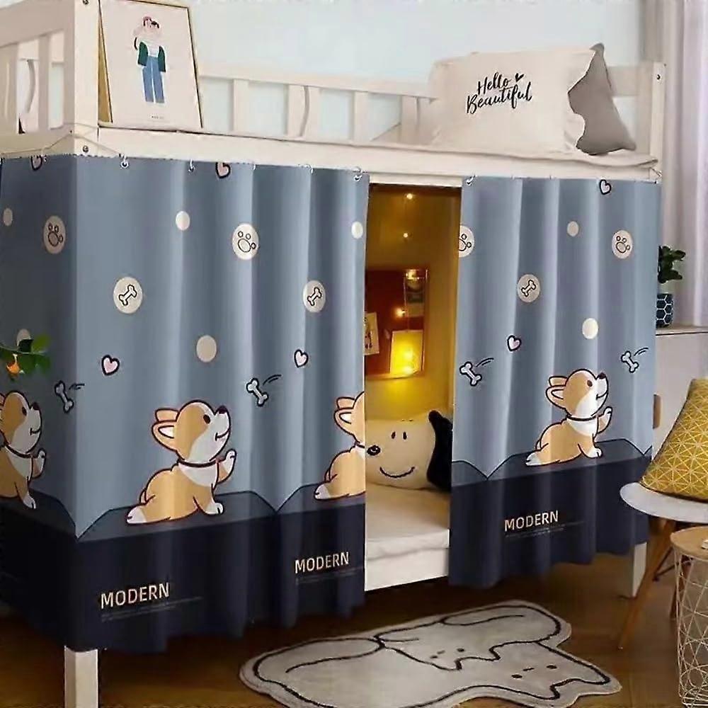Bunk Bed Privacy Curtain Blackout Polyester with Cartoon Corgi Design for Dorm Bottom Loft, 2 Panels