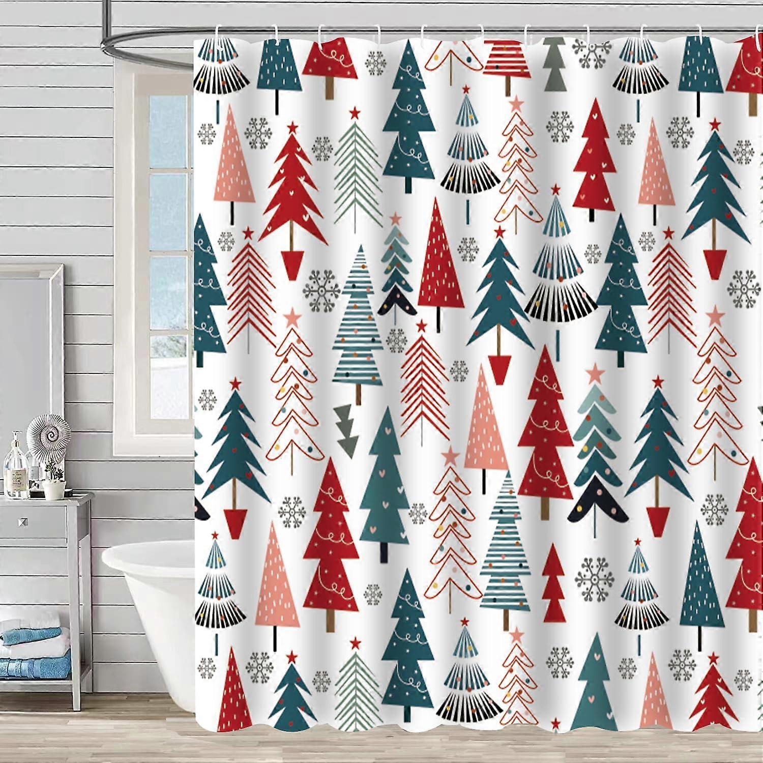 Christmas Tree Shower Curtain 72x72 Waterproof Polyester Holiday Snowflake Decor with 12 Hooks