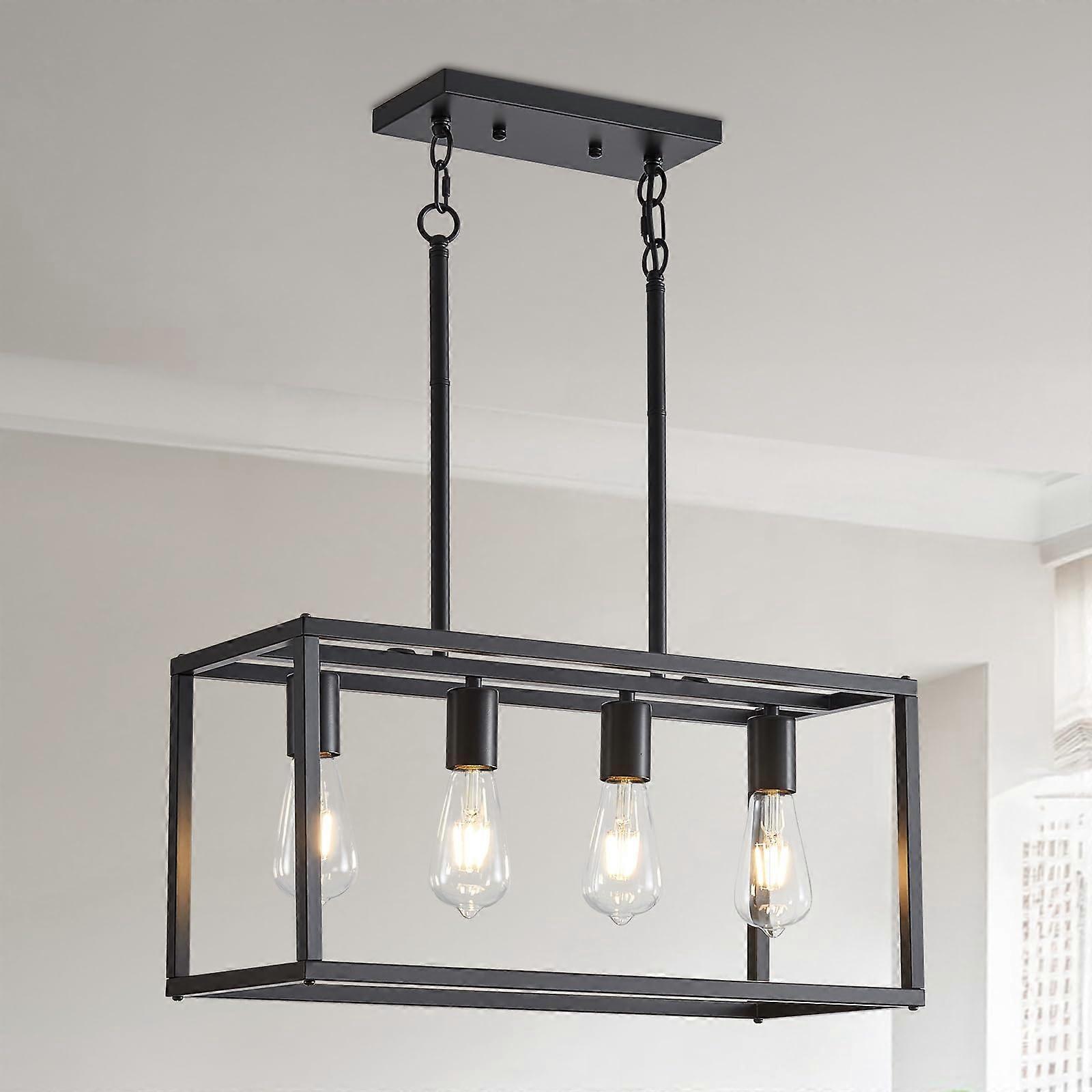 Black Rectangular Farmhouse Chandelier 4Light Kitchen Island Pendant with Adjustable Height