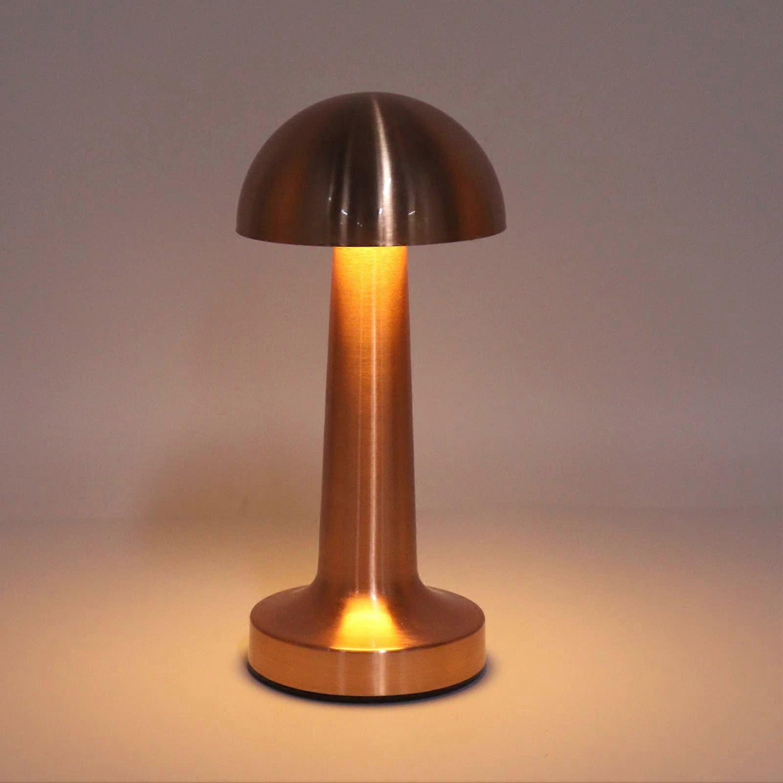 Mushroom Table Lamp LED Bedside Light with Touch Control, Dimmable Cordless Rechargeable Metal Lamp
