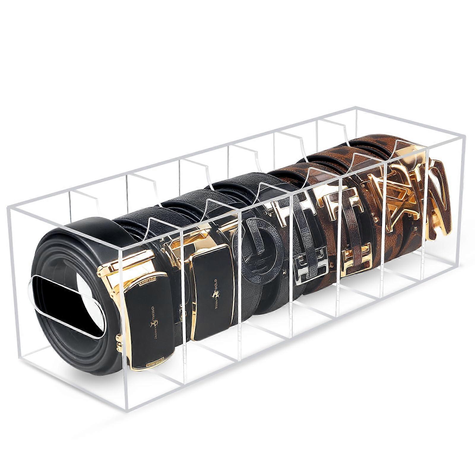 Belt Organizer with Dust Cover, Clear Acrylic 7Compartment Stackable Belt Storage Box for Closet