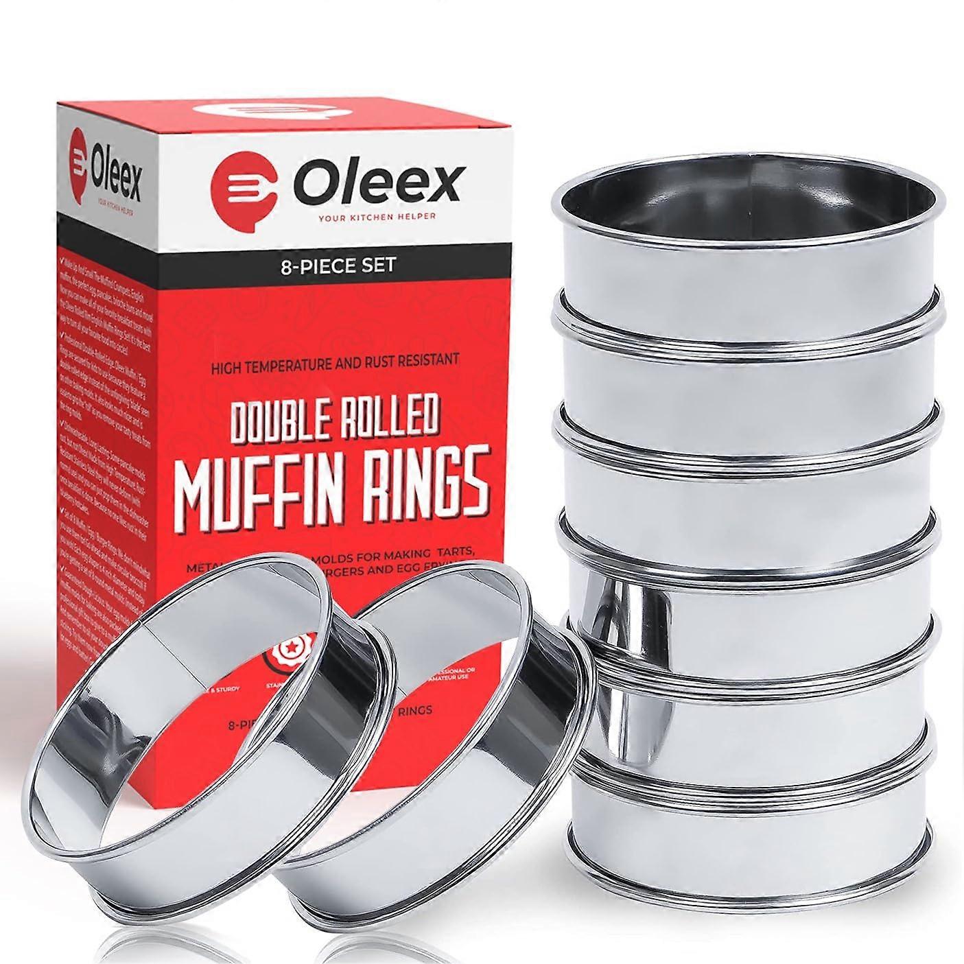 English Muffin Rings Set of 8, 4 Inch Stainless Steel Cooking Molds with Safe Rolled Edge and Scraper