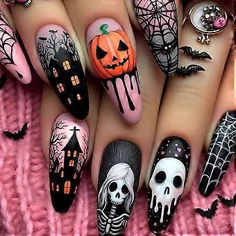 Halloween Press On Nails Medium Almond Glossy Full Cover Day of the Dead Pumpkin Spider Web Skull