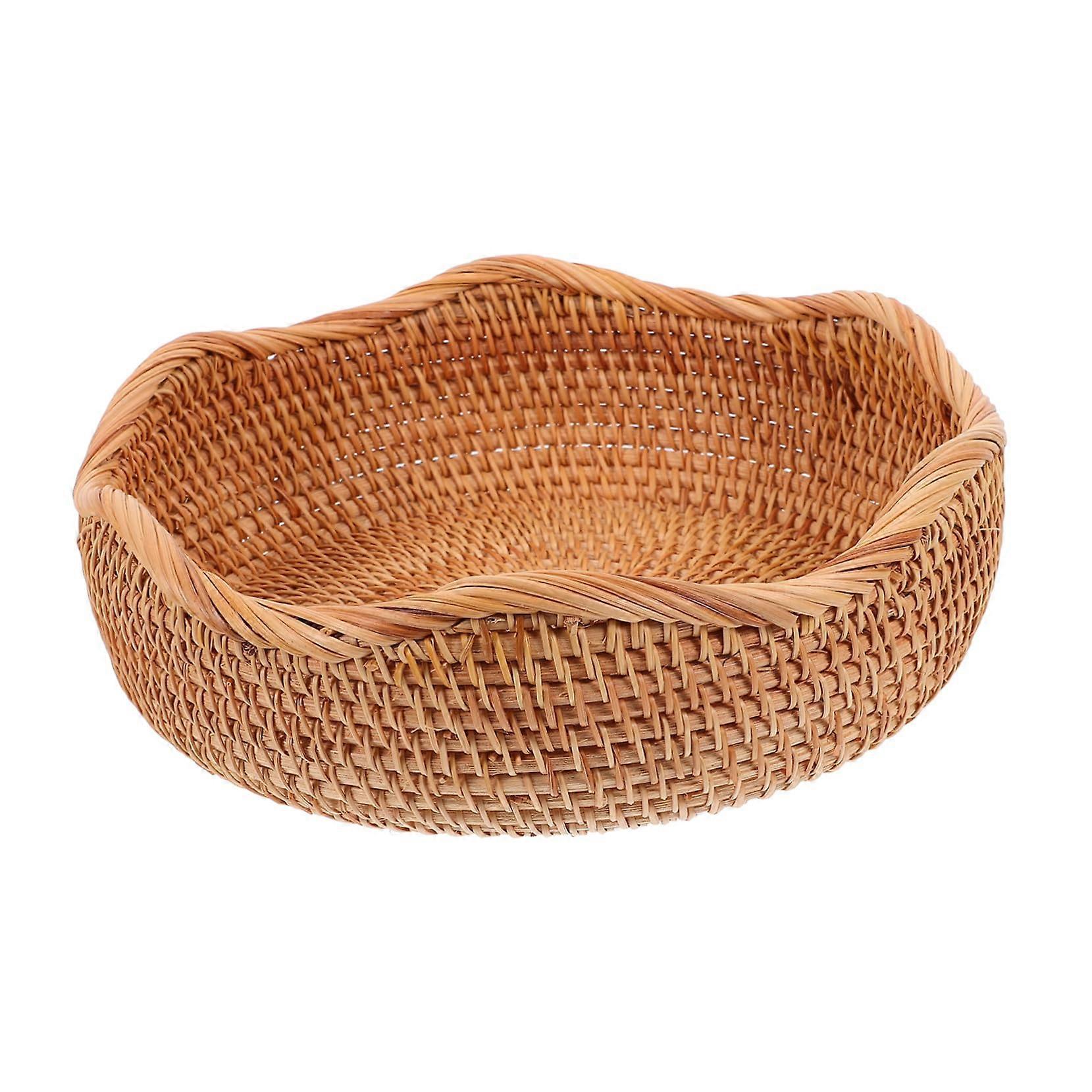 Round Rattan Bread Basket Handmade Woven Fruit Storage Organizer for Kitchen Counter SpaceSaving