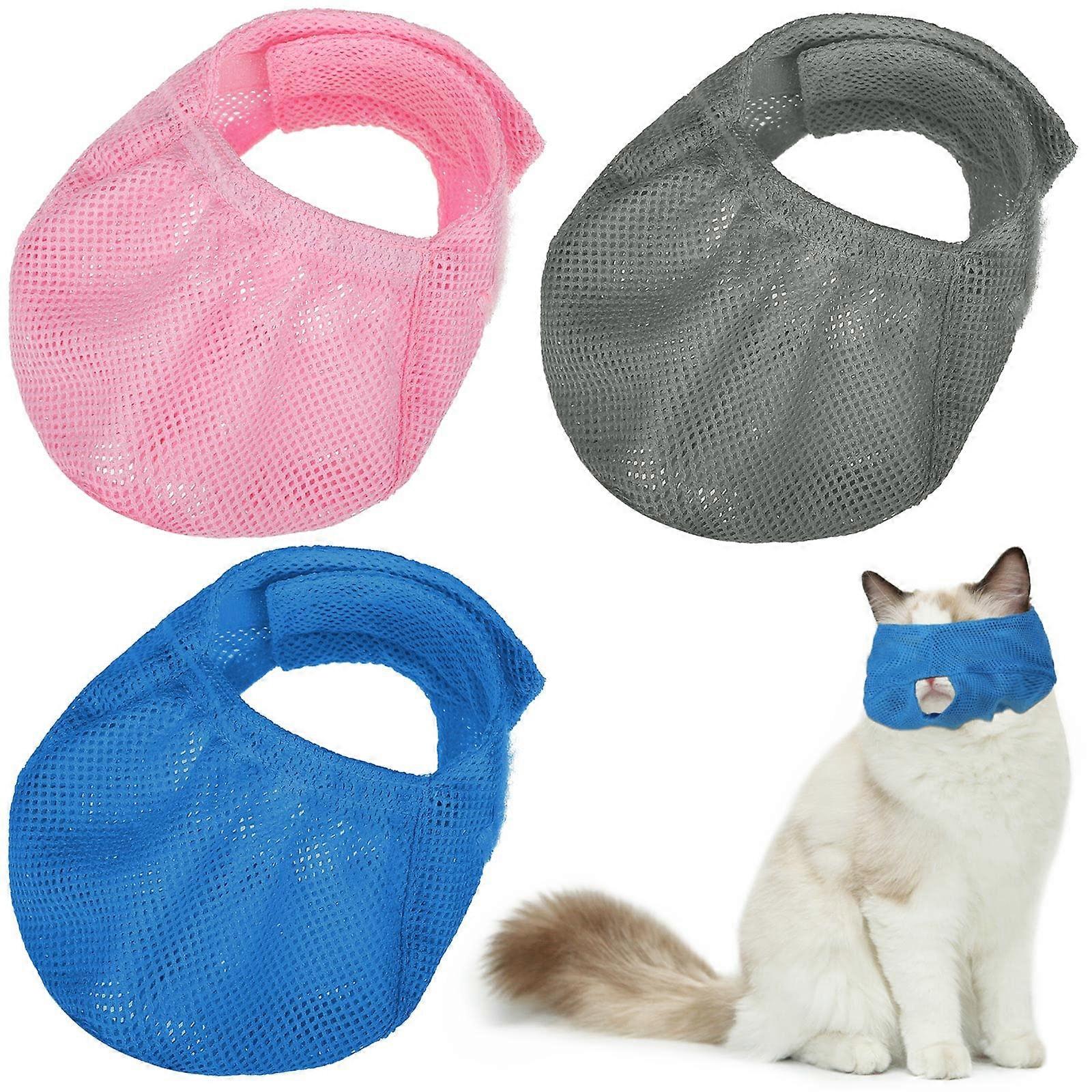 3 Pack Cat Muzzle Set Breathable Mesh Anti Bite Protection Adjustable for Grooming Blue Pink Gray