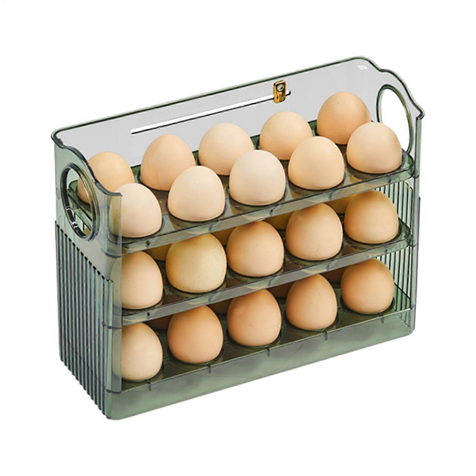 Egg Storage Organizer, 3 Layer Refrigerator Egg Holder with Lid, SpaceSaving Flippable Design, Green