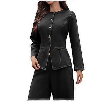 Dame peplum denimjakker rund hals langærmet retro knaplukning cropped jakke med flæsekant