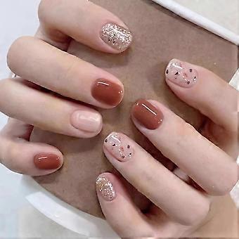 Press on Nails Korta Nude och Champagne Guld Glitter Lösnaglar Kit med Lim, 24 st för Dam