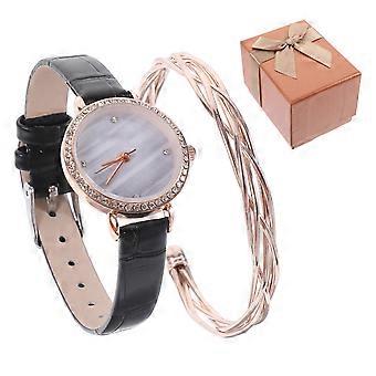 Damen-Quarzuhr, modische Uhr mit Funktionen, 1 Set Geschenk, schwarzes PU-Armband