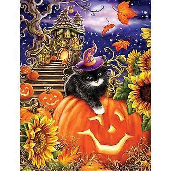 "Spellbound Night" Puzzle mit Halloween-Motiven: Schwarze Katze, Sonnenblumen und Kürbisse. Artikelnummer: UE2284.