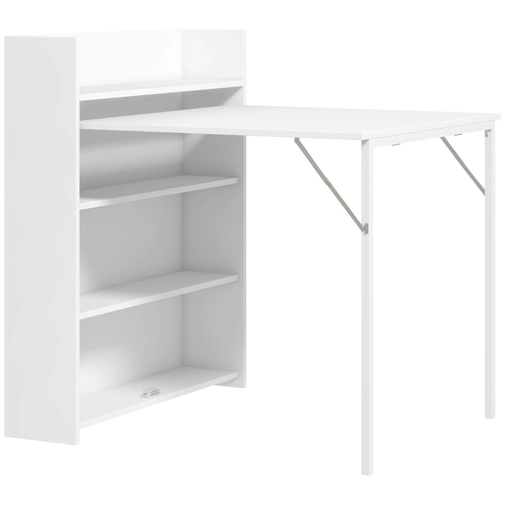 Folding dining table, suitable for small spaces, with 4 discreet shelves, foldable kitchen table, anti-tip function, white
