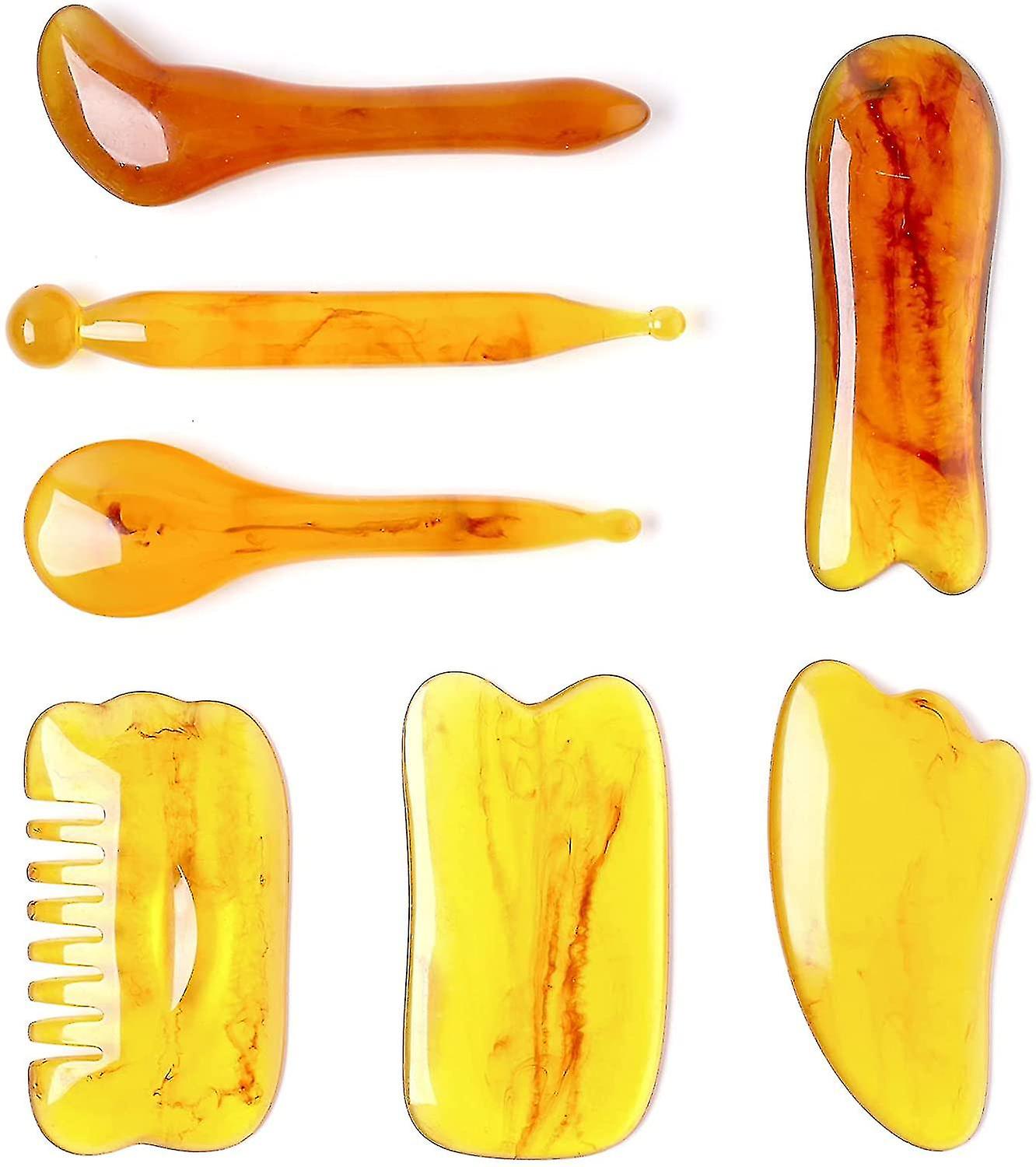 Gua Sha Massage Tool Set Home Pulling Meridian Massage Natural Resin Scraper(7 Pieces Yellow)