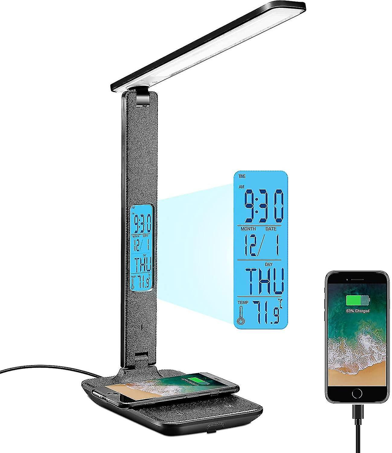 Schreibtischlampe, LED-Schreibtischlampe mit kabellosem Ladegerät, USB-Ladeanschluss, verstellbare, faltbare Tischleuchte mit Uhr, Wecker, Datum, Temperatur, 5-stufig