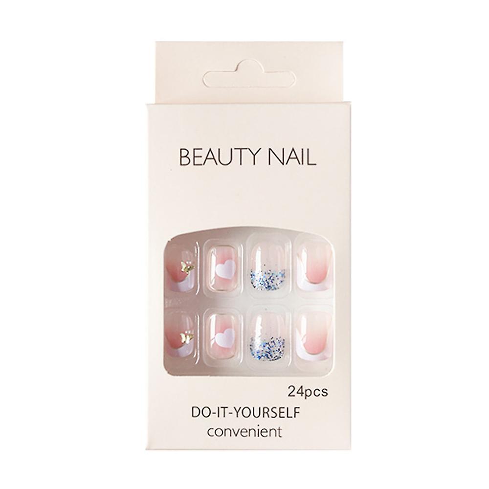 24pcs Short Fake Nail No Fading Sturdy Material Nail With Stick Glue Matching With Circles And Necklaces