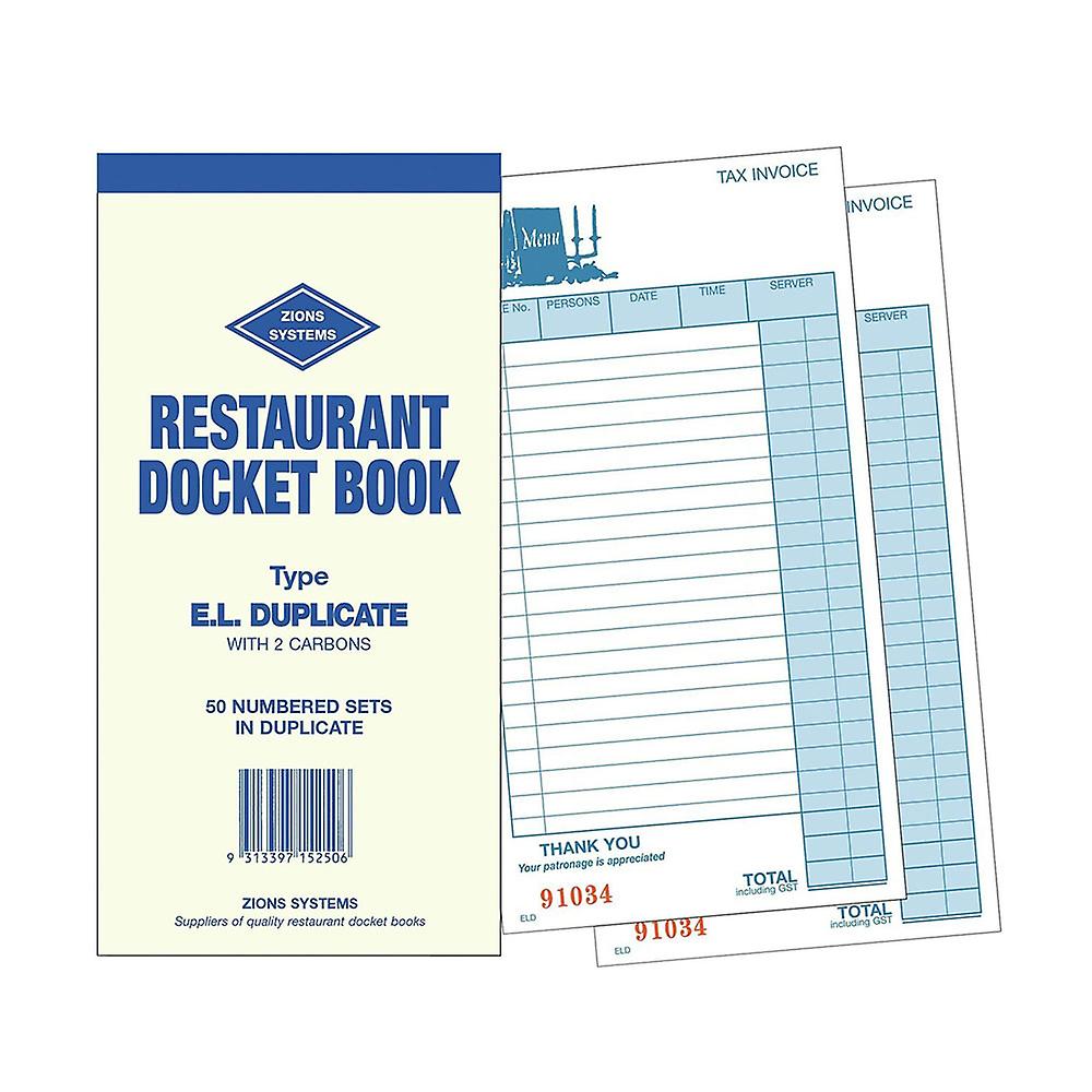 Zions Duplicate Restaurant Docket Book 210x100mm with Quality Carbon Paper