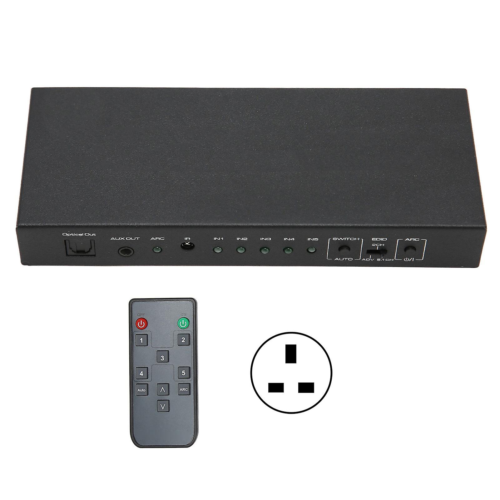 4K 60Hz UHD Sound Extractor & Switcher with ARC, 5 Port HDMI, Auto EDID, UK Plug