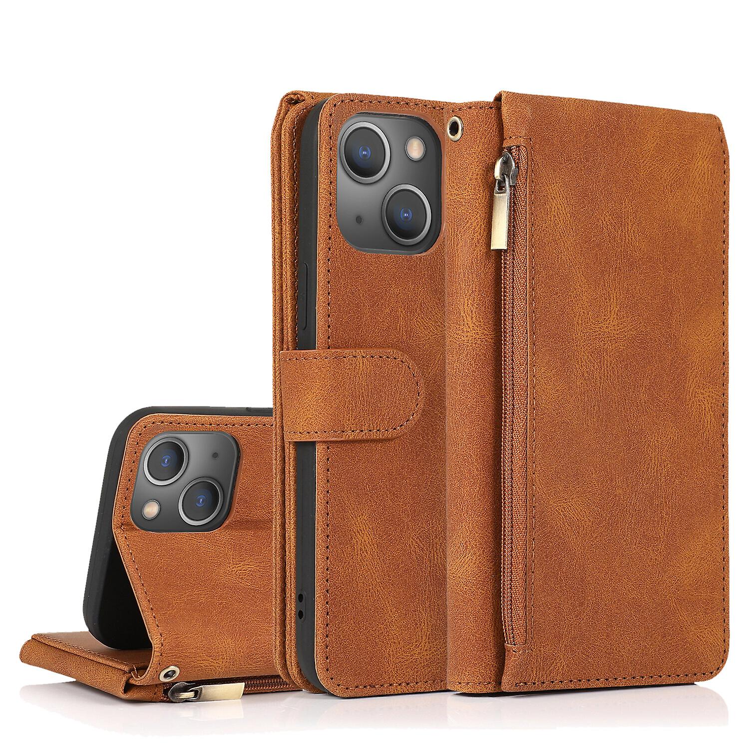 iPhone 13 Mini Case, 8 Card Slots Retro Leather Wallet Shockproof Flip Kickstand Cover with Zipper Pocket
