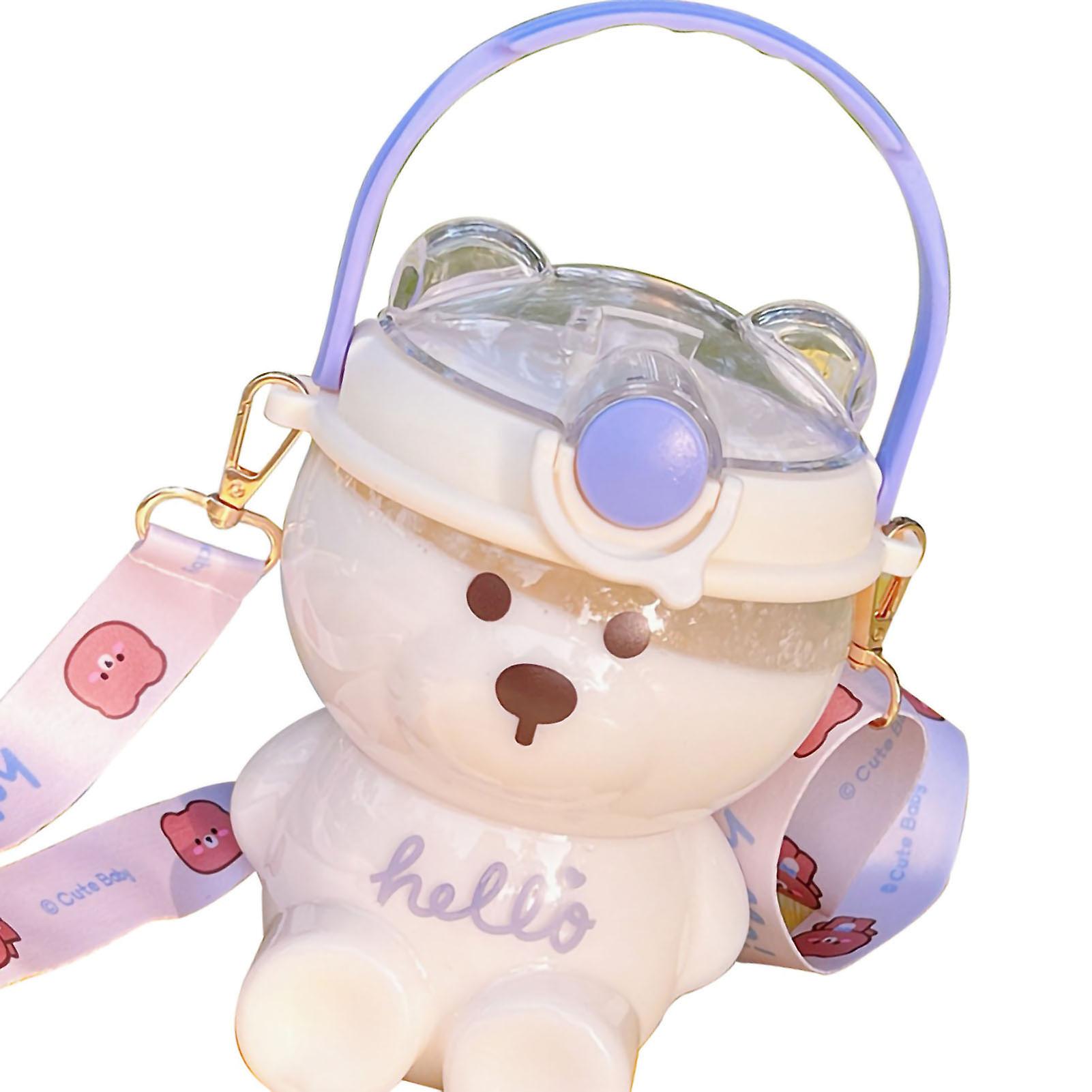 Cute Water Cup 1000ML Bear Shape Straw Cup with Adjustable Strap Beige