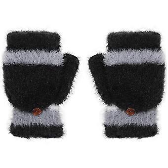 Women Girls Winter Half Finger Top Flip Gloves Faux Velvet Mitten