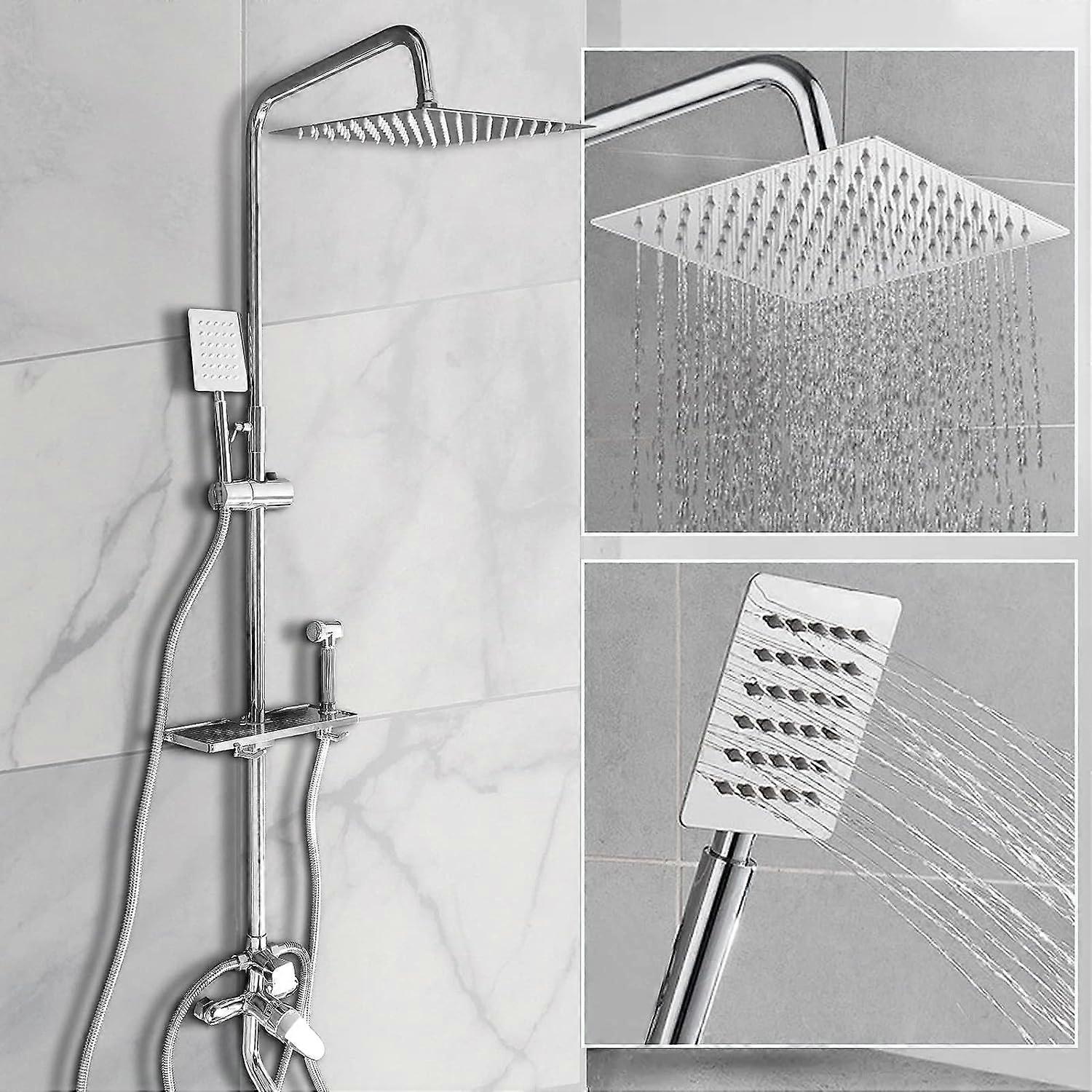Thermostat Shower System, Square Thermostatic 38 C Shower Mixer Set with Rainfall Shower Head, Handheld Shower, Riser Rail, Adjustable Height Anti Sca