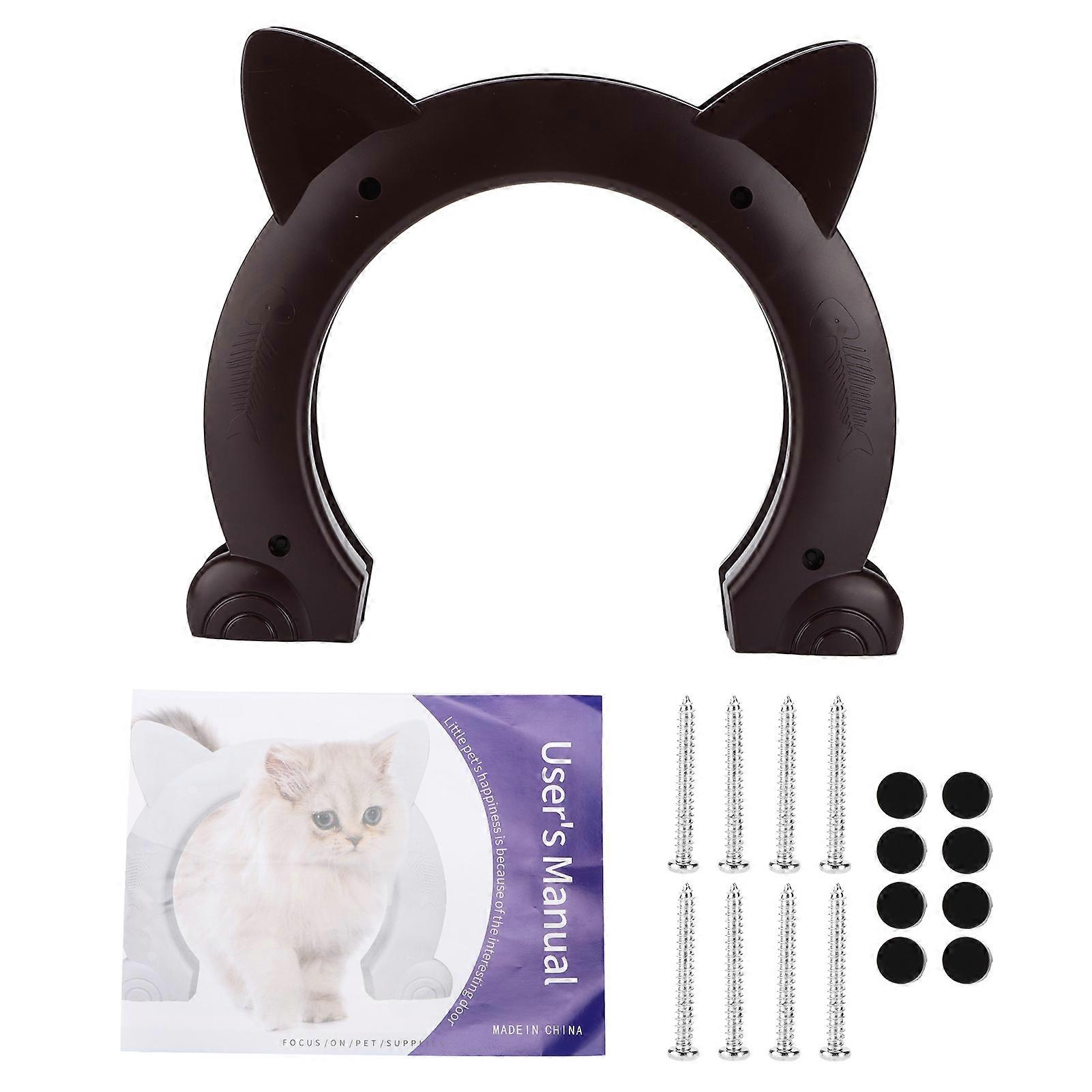 Cat Door Interior CatHead Shaped Plastic Cat Pass Through Door with Fish Bone Pattern(Brown )